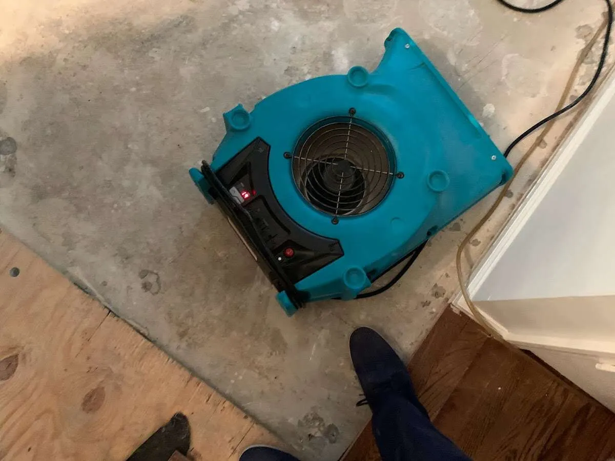 Air mover drying subfloor during Leak Detection & Repair in Troy